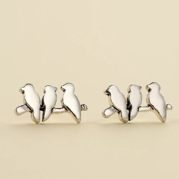 Jewelry - 14k Gold Birds on the Branch Stud Earrings Sterling Silver